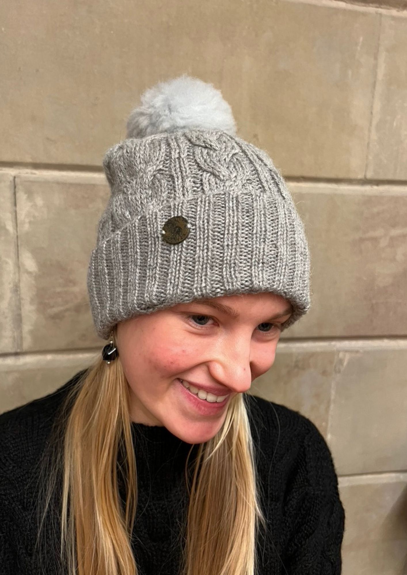 Beanie gray with cables & gray pompom