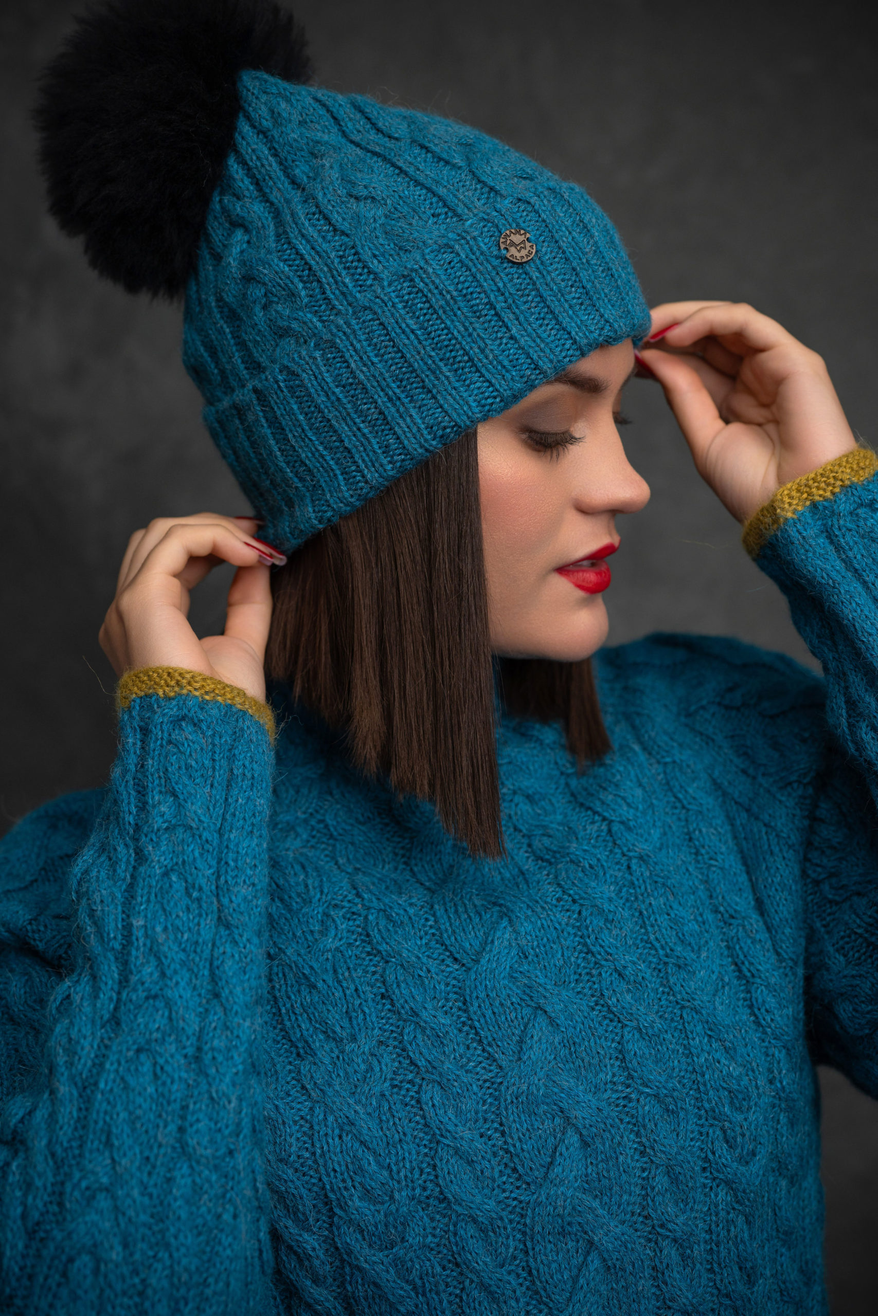 Baby Alpaca Beanie Turquoise with pompom - Image 2